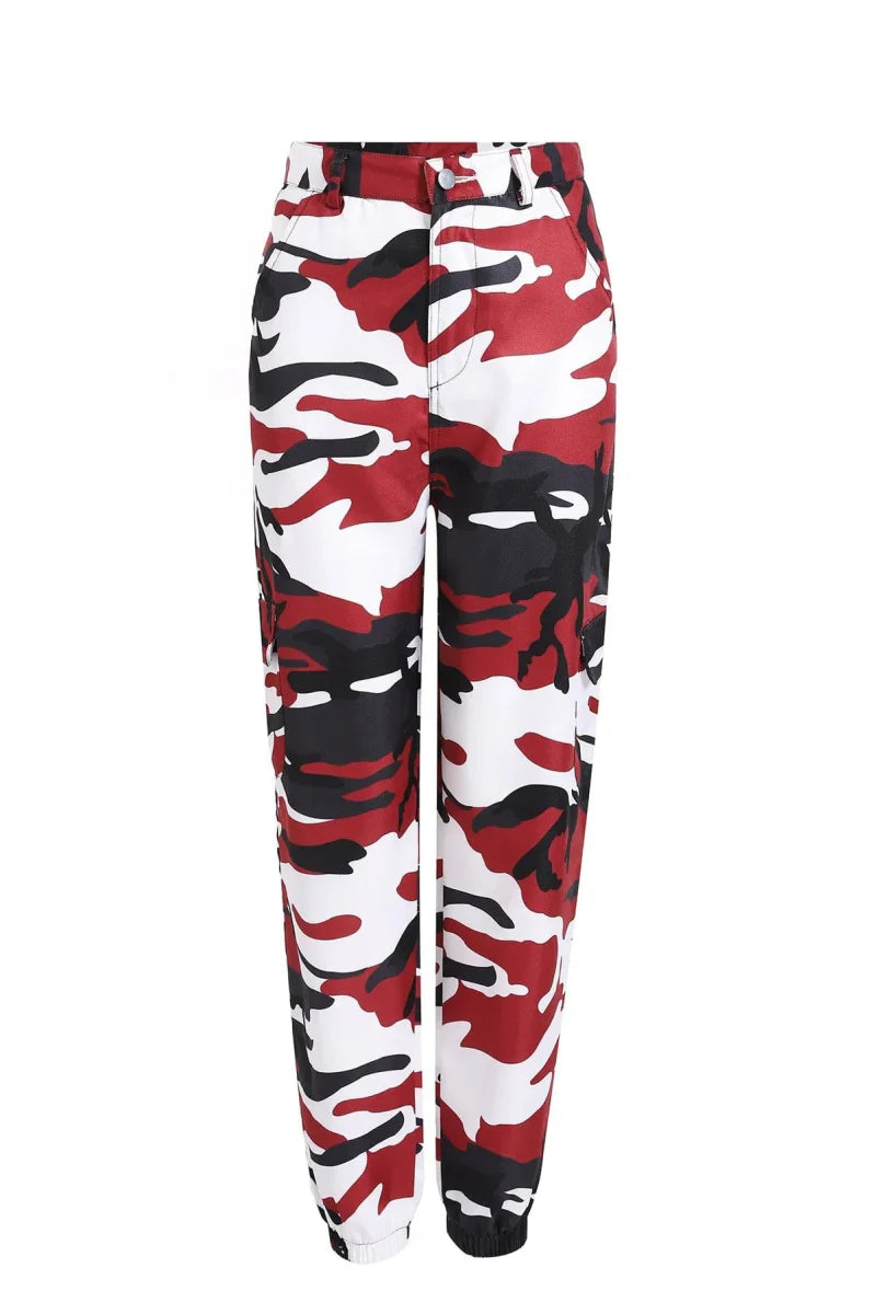 Showlu Women's camo cargo pants featuring high waist design, military-style combat trousers in multi-color camouflage pattern.