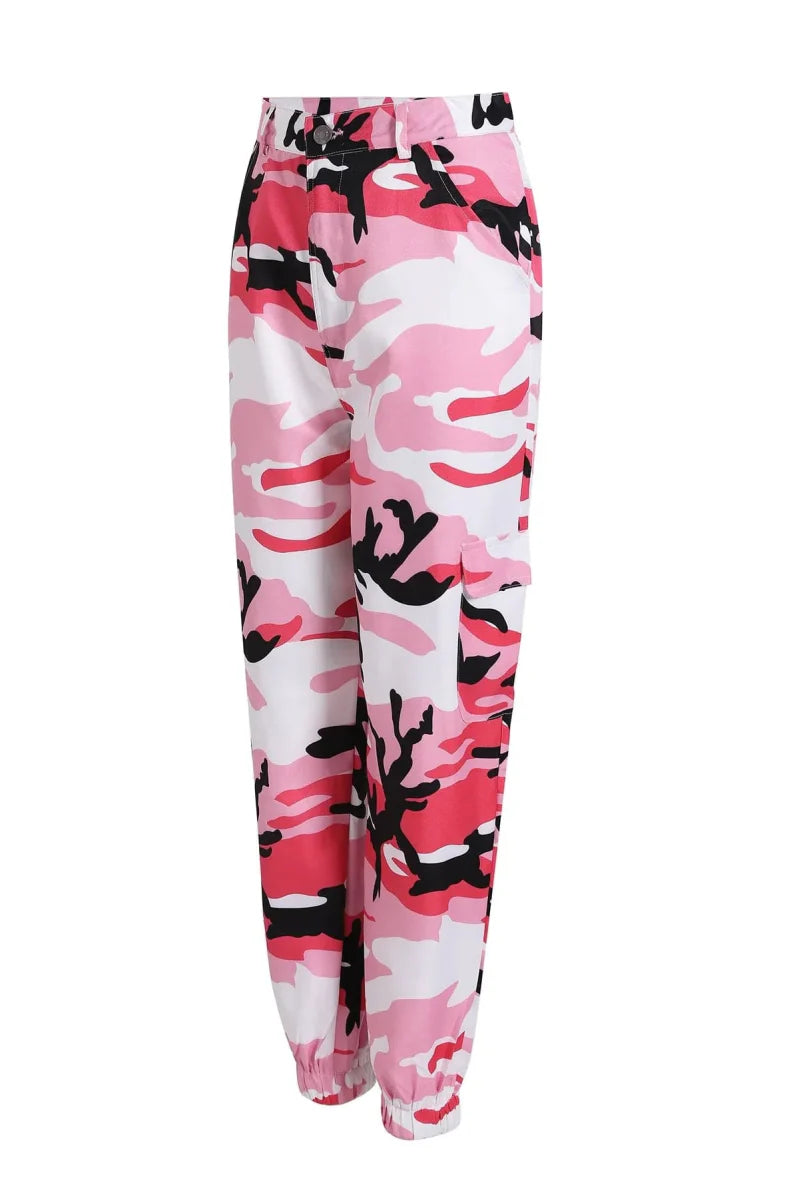 Showlu Women's high waist camouflage cargo pants with multiple color options, featuring military-inspired combat design and large side pockets.