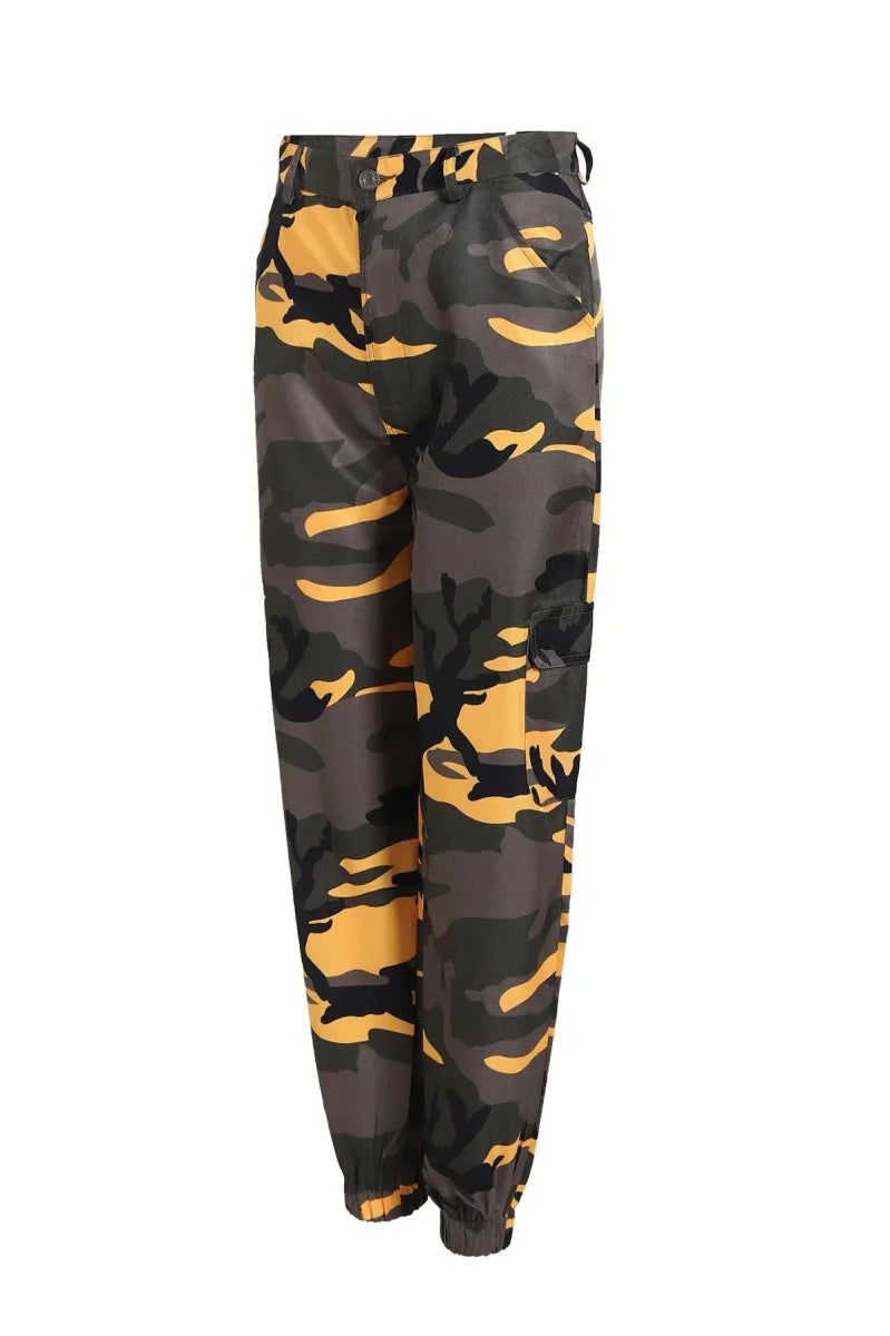Showlu Women's Camo Cargo Pants with high waist, military-style combat design and multiple camouflage color options.