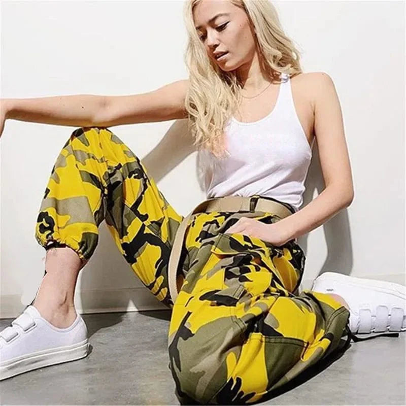 Showlu Women's Camo Cargo Pants with high waist, military-style camouflage design, and multiple color options.