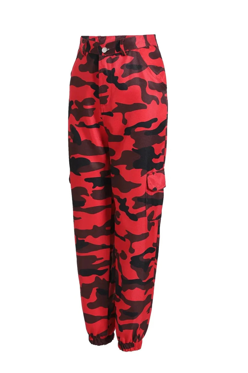 Showlu Women's high waist camo cargo pants with multiple color options, military-inspired design, and functional pockets.