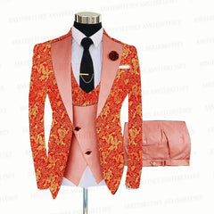 2021 Red Floral Printed Suit Men 3 Pieces Gold Groom Wedding Suit Tuxedo Slim Fit Shiny Blazer Double Breasted Vest Pants Set - SHOWLU FASHION STORE