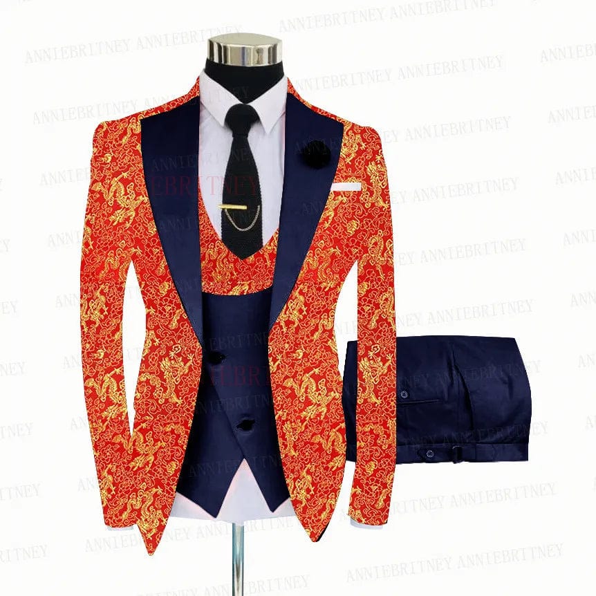 2021 Red Floral Printed Suit Men 3 Pieces Gold Groom Wedding Suit Tuxedo Slim Fit Shiny Blazer Double Breasted Vest Pants Set - SHOWLU FASHION STORE