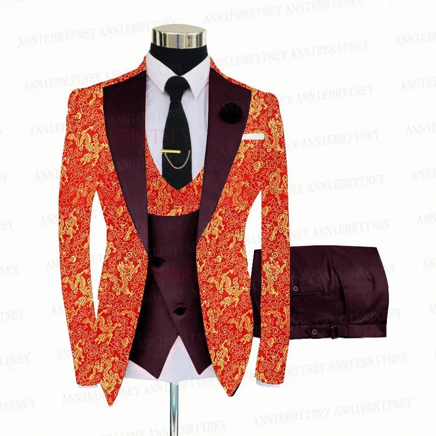 2021 Red Floral Printed Suit Men 3 Pieces Gold Groom Wedding Suit Tuxedo Slim Fit Shiny Blazer Double Breasted Vest Pants Set - SHOWLU FASHION STORE