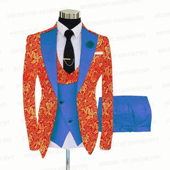 2021 Red Floral Printed Suit Men 3 Pieces Gold Groom Wedding Suit Tuxedo Slim Fit Shiny Blazer Double Breasted Vest Pants Set - SHOWLU FASHION STORE