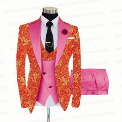 2021 Red Floral Printed Suit Men 3 Pieces Gold Groom Wedding Suit Tuxedo Slim Fit Shiny Blazer Double Breasted Vest Pants Set - SHOWLU FASHION STORE