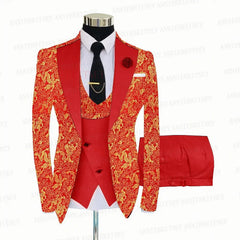 2021 Red Floral Printed Suit Men 3 Pieces Gold Groom Wedding Suit Tuxedo Slim Fit Shiny Blazer Double Breasted Vest Pants Set - SHOWLU FASHION STORE