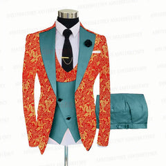 2021 Red Floral Printed Suit Men 3 Pieces Gold Groom Wedding Suit Tuxedo Slim Fit Shiny Blazer Double Breasted Vest Pants Set - SHOWLU FASHION STORE