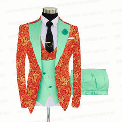 2021 Red Floral Printed Suit Men 3 Pieces Gold Groom Wedding Suit Tuxedo Slim Fit Shiny Blazer Double Breasted Vest Pants Set - SHOWLU FASHION STORE