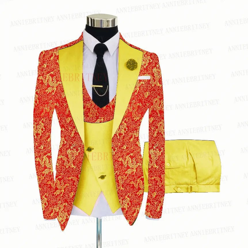 2021 Red Floral Printed Suit Men 3 Pieces Gold Groom Wedding Suit Tuxedo Slim Fit Shiny Blazer Double Breasted Vest Pants Set - SHOWLU FASHION STORE