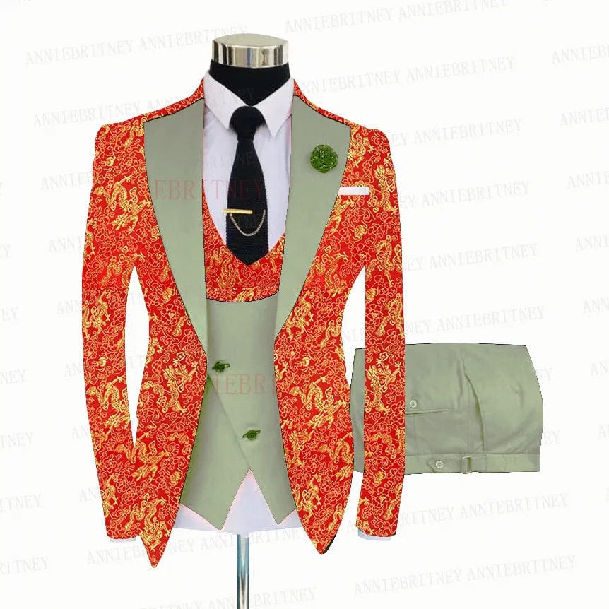 2021 Red Floral Printed Suit Men 3 Pieces Gold Groom Wedding Suit Tuxedo Slim Fit Shiny Blazer Double Breasted Vest Pants Set - SHOWLU FASHION STORE