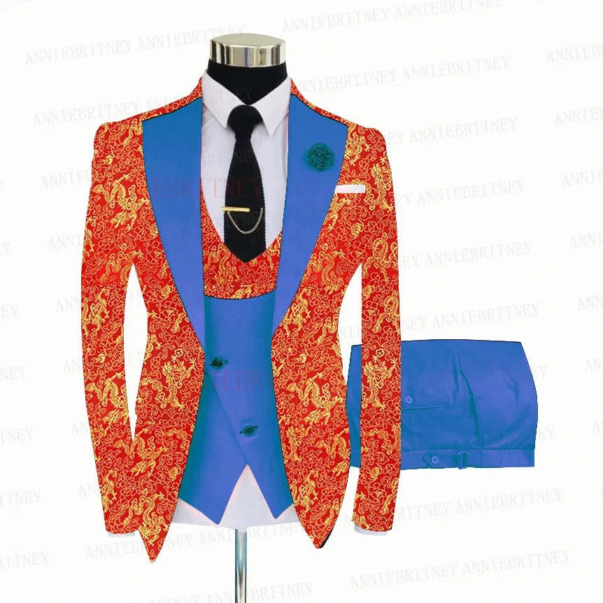 2021 Red Floral Printed Suit Men 3 Pieces Gold Groom Wedding Suit Tuxedo Slim Fit Shiny Blazer Double Breasted Vest Pants Set - SHOWLU FASHION STORE