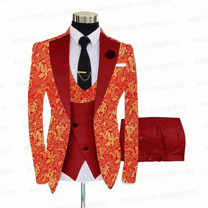 2021 Red Floral Printed Suit Men 3 Pieces Gold Groom Wedding Suit Tuxedo Slim Fit Shiny Blazer Double Breasted Vest Pants Set - SHOWLU FASHION STORE