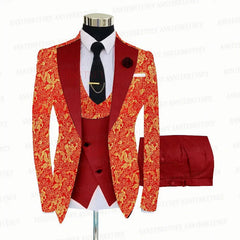 2021 Red Floral Printed Suit Men 3 Pieces Gold Groom Wedding Suit Tuxedo Slim Fit Shiny Blazer Double Breasted Vest Pants Set - SHOWLU FASHION STORE