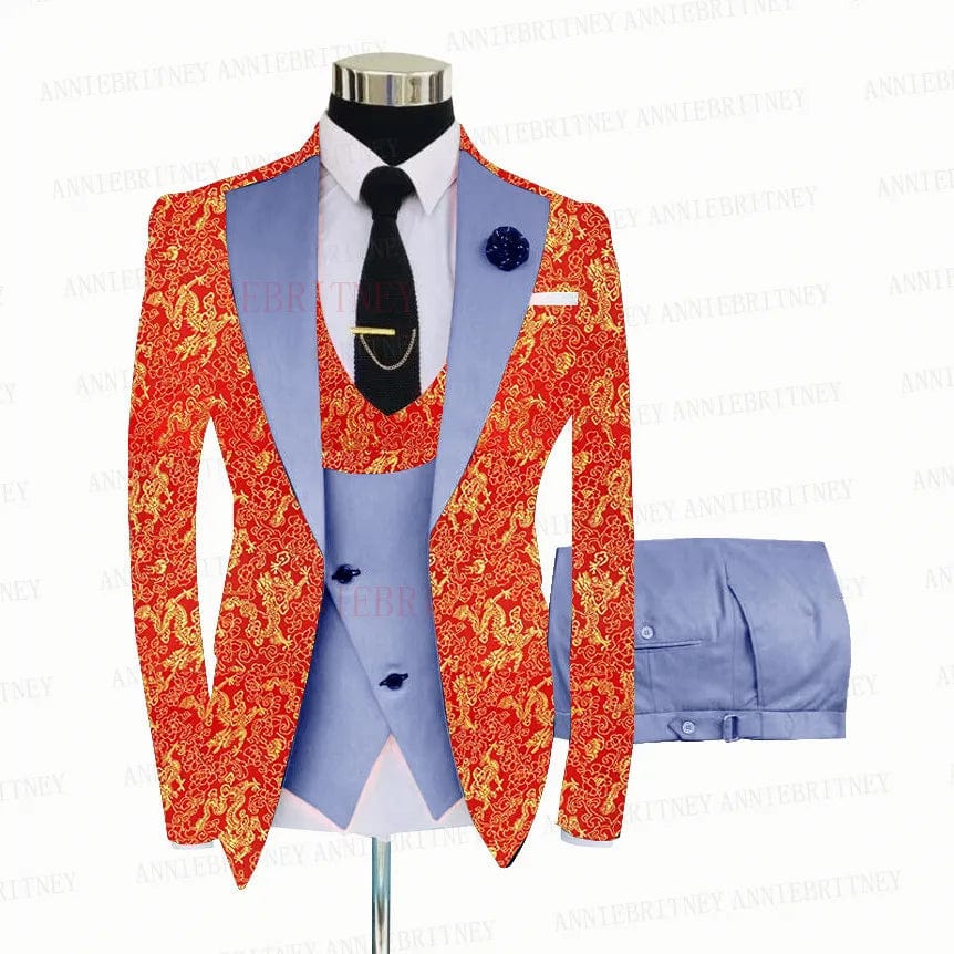 2021 Red Floral Printed Suit Men 3 Pieces Gold Groom Wedding Suit Tuxedo Slim Fit Shiny Blazer Double Breasted Vest Pants Set - SHOWLU FASHION STORE