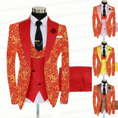 2021 Red Floral Printed Suit Men 3 Pieces Gold Groom Wedding Suit Tuxedo Slim Fit Shiny Blazer Double Breasted Vest Pants Set - SHOWLU FASHION STORE