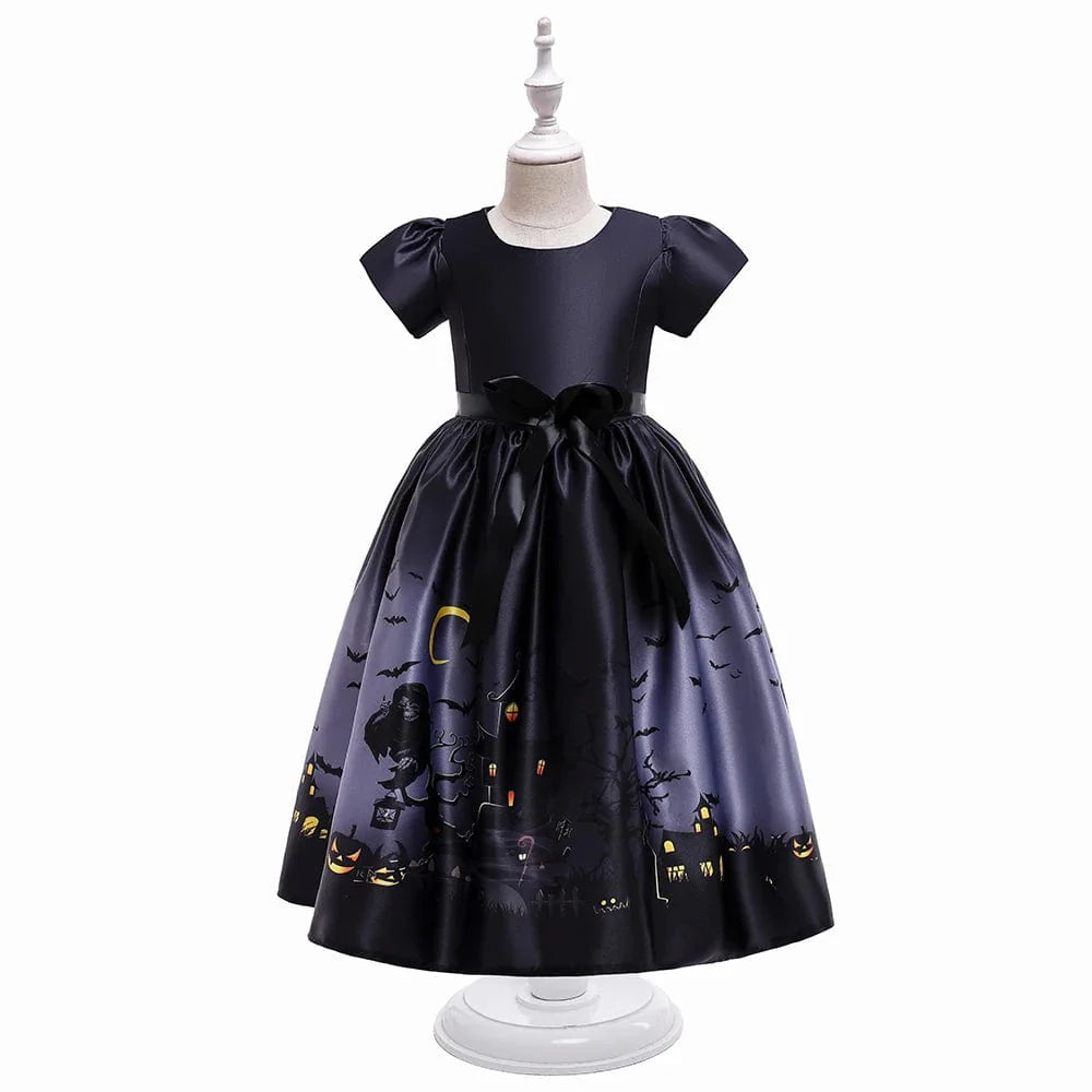 Black princess ball gown for girls with a matching hat, perfect for Halloween cosplay, featuring elegant details and a charming design.