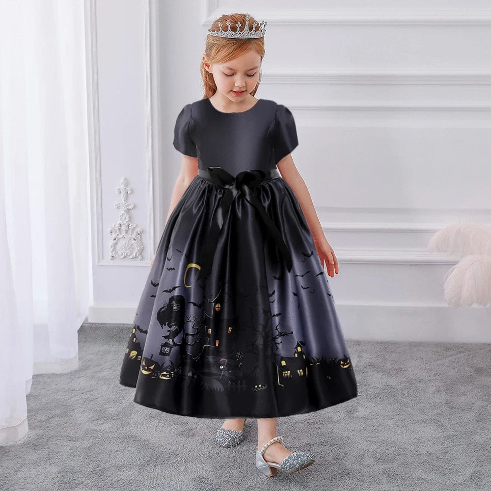 Black Halloween princess ball gown for girls with matching hat, featuring elegant design and costume style for kids' Halloween dress-up