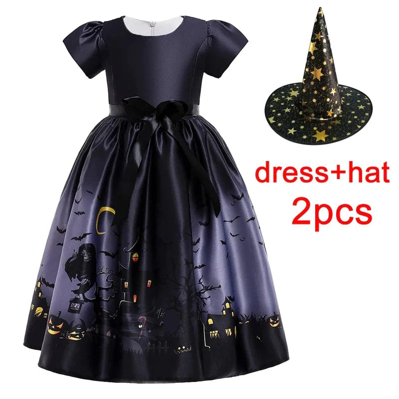Black princess ball gown with hat for girls, featuring a Halloween cosplay costume with elegant design and decorative details.