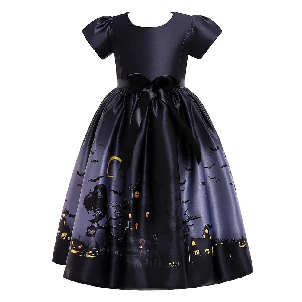 Black princess ball gown for girls with a matching hat, perfect for Halloween cosplay, featuring elegant design and flowing fabric.
