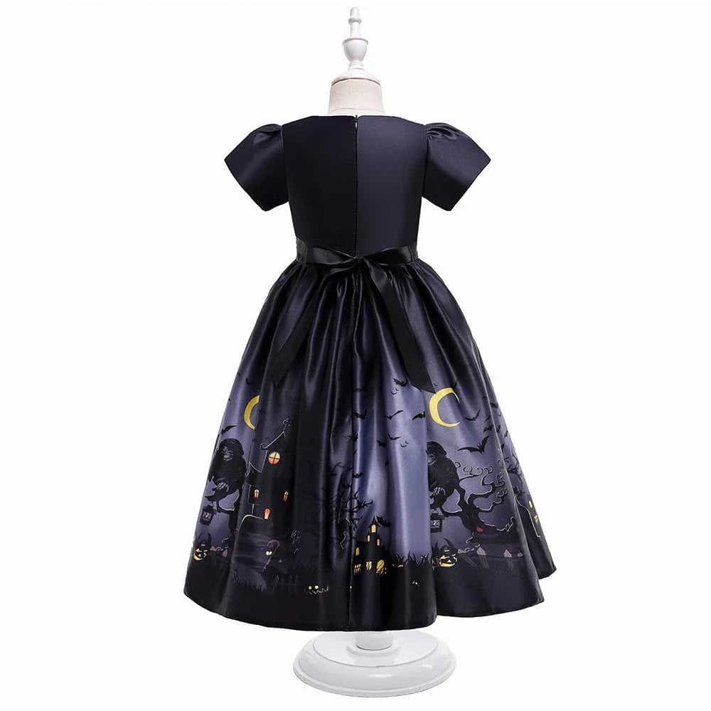 Black princess ball gown for girls with matching hat, perfect for Halloween cosplay, featuring elegant details and a flowing skirt.