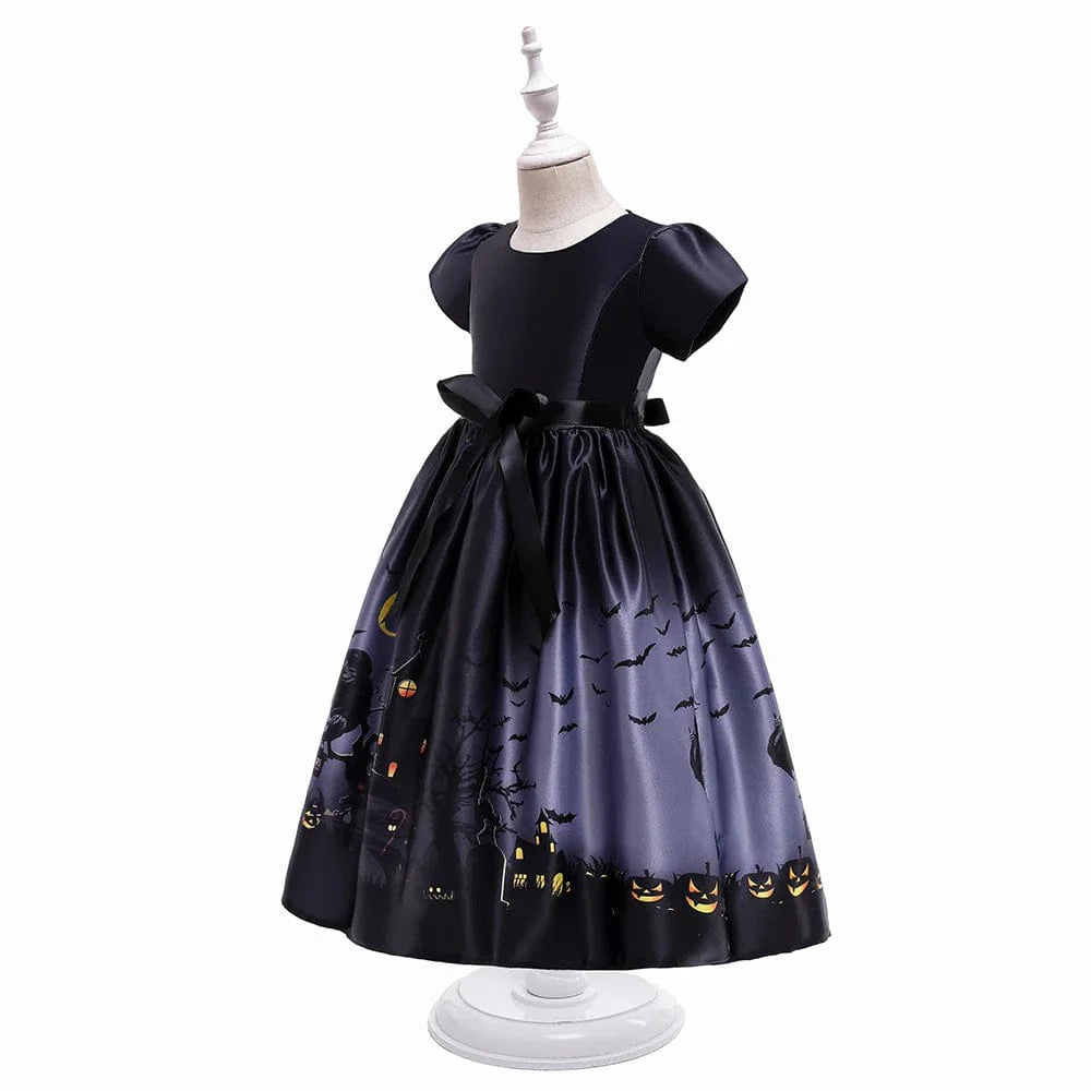 Black princess ball gown for girls with hat, featuring elegant Halloween costume design by Showlu Fashion Store.
