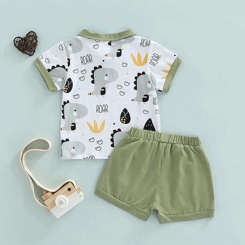 Toddler boys dinosaur print cotton T-shirt and shorts outfit set, casual summer clothes by Showlu Fashion Store.
