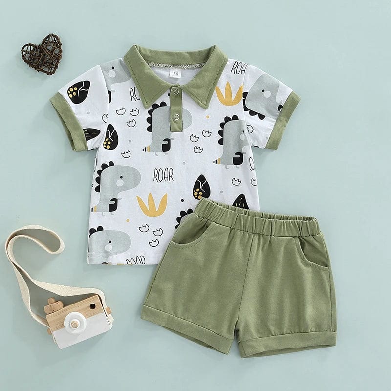 Toddler boys dinosaur print cotton T-shirt and shorts outfit set by Showlu Fashion, featuring casual cartoon design for summer wear.