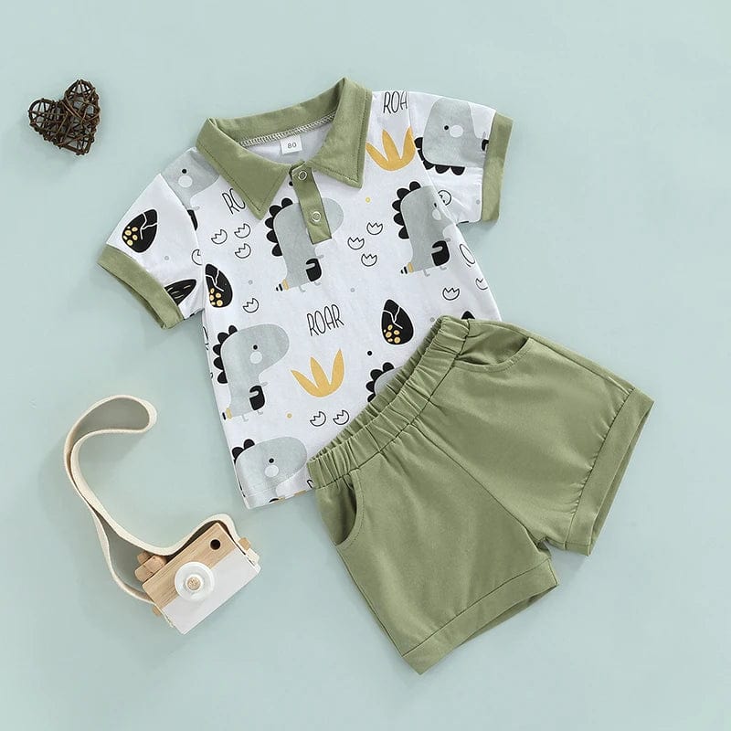 Toddler boys dinosaur print cotton T-shirt and shorts set by Showlu Fashion, featuring cartoon dinosaur design and casual summer style.