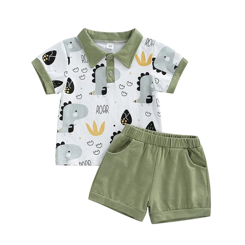 Toddler boys dinosaur print cotton T-shirt and shorts outfit set with cartoon design, casual summer clothes from Showlu Fashion Store.