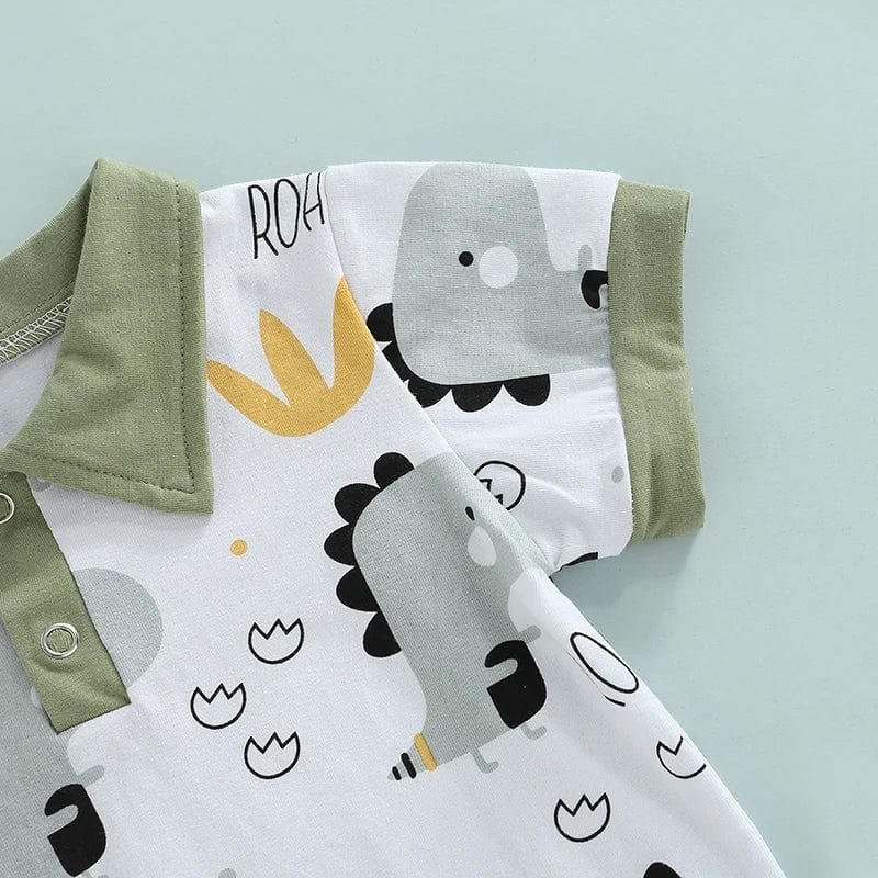 Toddler boys dinosaur print cotton T-shirt and shorts outfit set by Showlu Fashion featuring cartoon design and casual summer style.