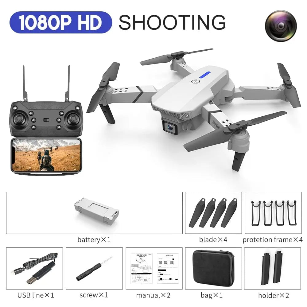 Showlu E88Pro RC Drone with 4K HD wide angle camera, foldable quadcopter, WIFI FPV, and height hold features.