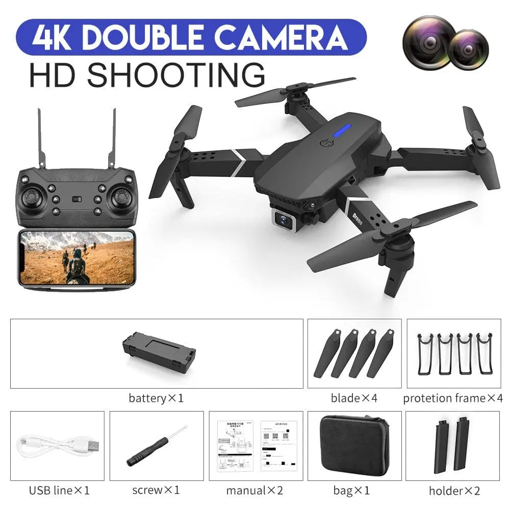 Showlu E88Pro RC drone with 4K HD wide-angle camera, foldable quadcopter with WiFi FPV, height hold, and remote control.