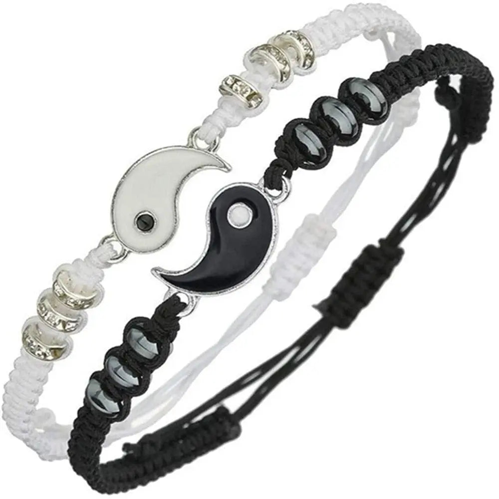 Yin Yang matching bracelets for best friends, adjustable cord jewelry set in black and white, symbolizing friendship and harmony.