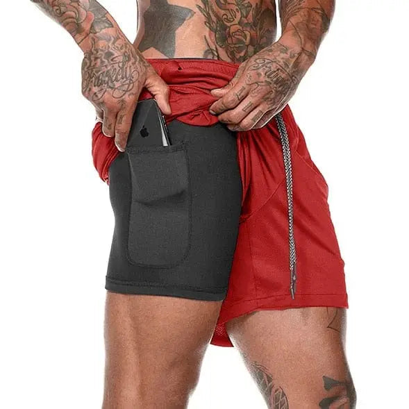 Men's Showlu Fashion 2-in-1 running shorts with double-deck design, ideal for gym, jogging, and summer fitness activities.
