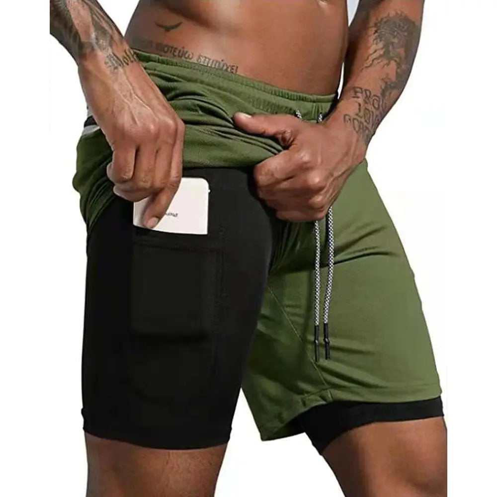 Men's 2-in-1 running shorts from Showlu Fashion Store, double-deck design, ideal for gym, running, and summer fitness activities.