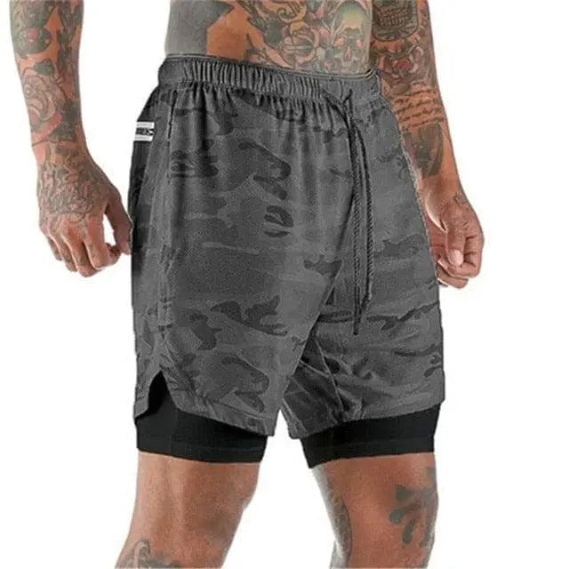 Men's 2-in-1 running shorts with double-deck design, athletic gym fitness training pants, lightweight summer sportswear.