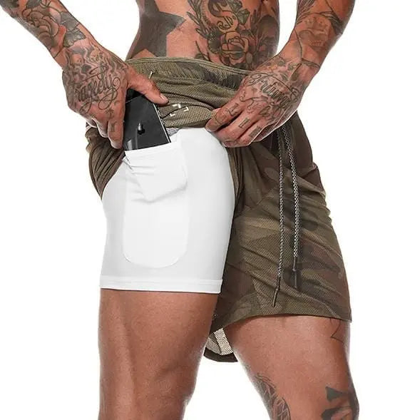 Men's 2-in-1 running shorts by Showlu Fashion featuring double-deck design and breathable gym fitness training fabric.