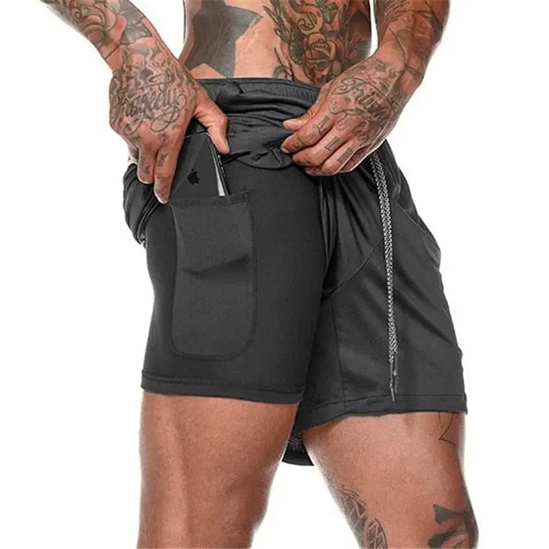 Men's 2-in-1 running shorts from Showlu Fashion featuring double-deck design, ideal for gym, running, and summer fitness activities.
