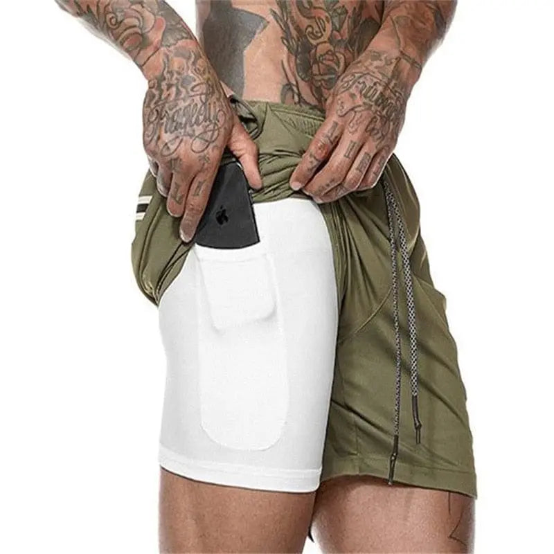 Men's 2-in-1 running shorts with double-deck design, sport waistband, and lightweight fabric for gym, jogging, and fitness training.