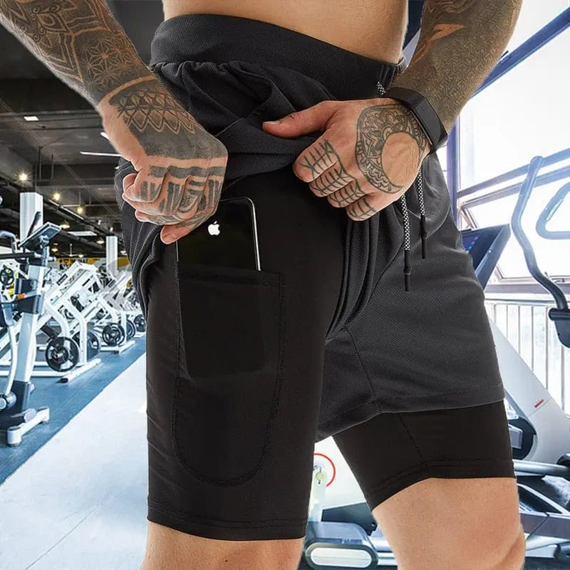 Men's 2-in-1 running shorts by Showlu Fashion with double-deck design, ideal for gym, jogging, and beach fitness activities.