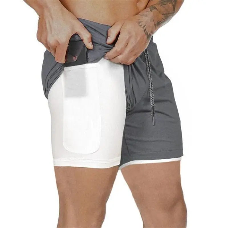 Men's 2-in-1 running shorts by Showlu Fashion with double-deck design, ideal for gym, jogging, and summer fitness activities.