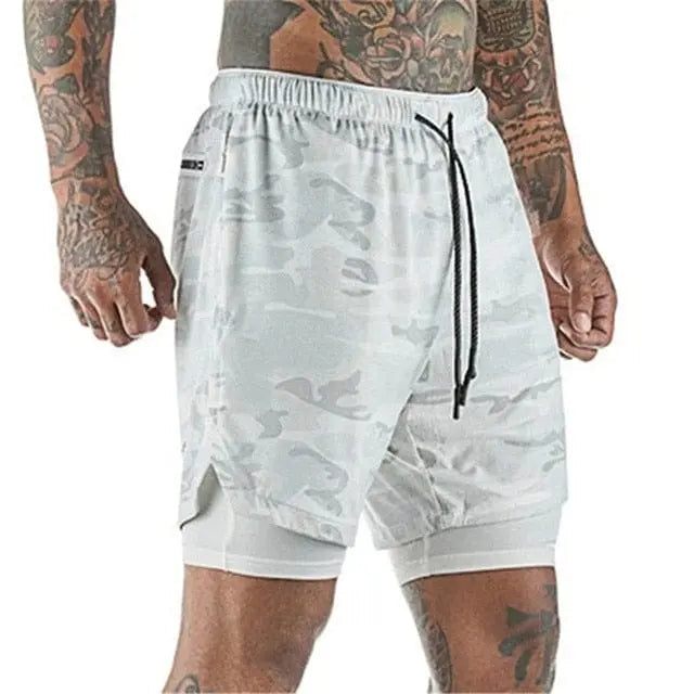 Men's 2-in-1 running shorts with double-deck design, lightweight gym and fitness training shorts, breathable summer sportswear.