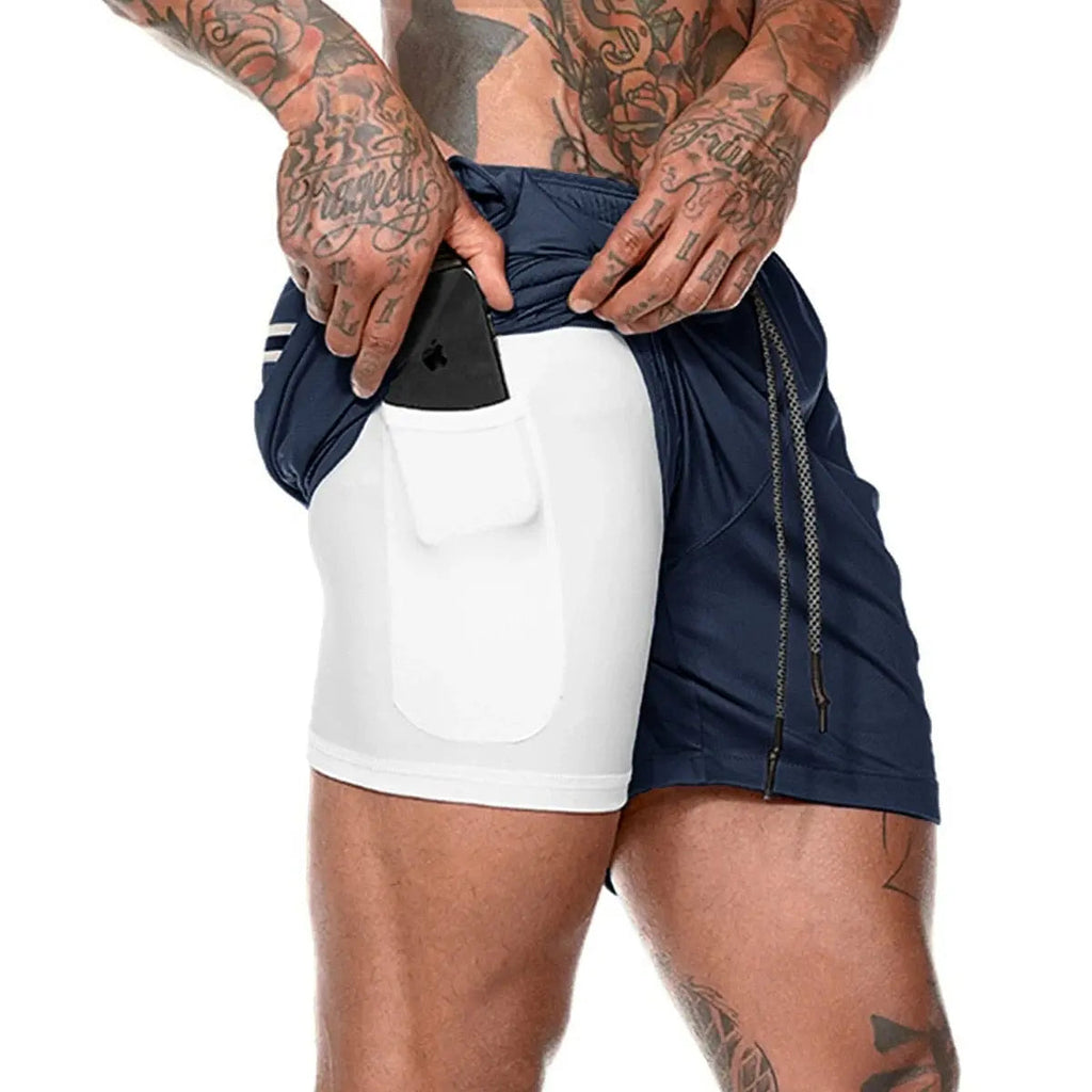 Men's 2-in-1 running shorts by Showlu Fashion featuring double-deck design, suitable for gym, running, and summer fitness activities.