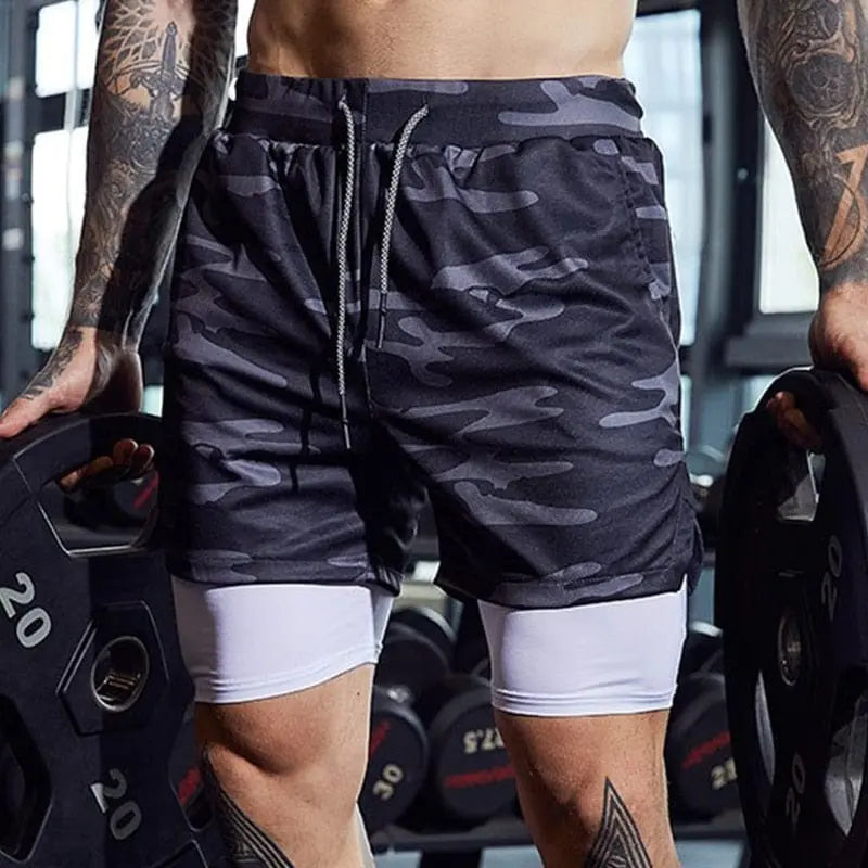 Men's 2-in-1 running shorts by Showlu Fashion Store, double-deck design, suitable for gym, jogging, and summer fitness activities.