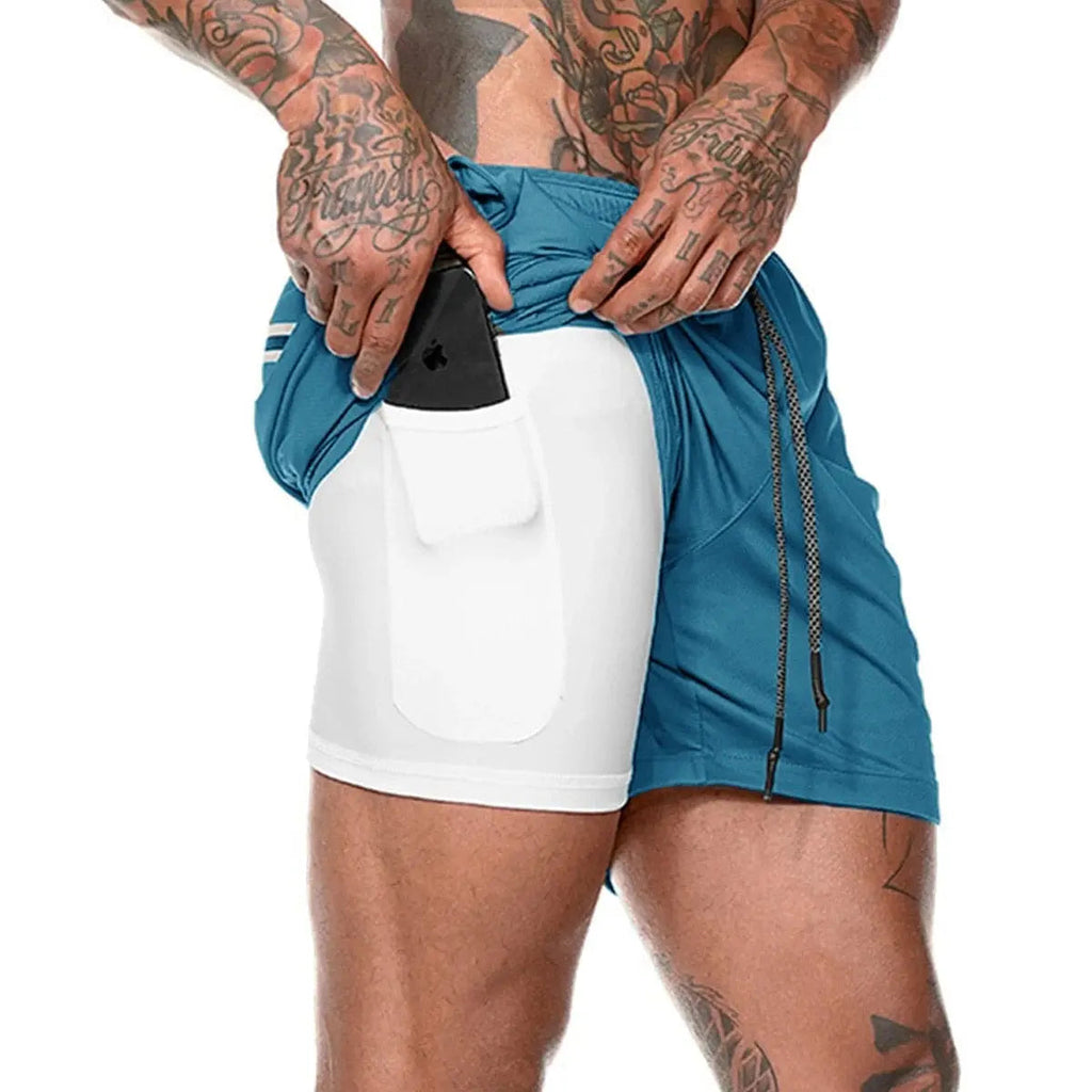 Men's 2-in-1 running shorts by Showlu Fashion Store, featuring double-deck design, suitable for gym, jogging, and summer fitness.