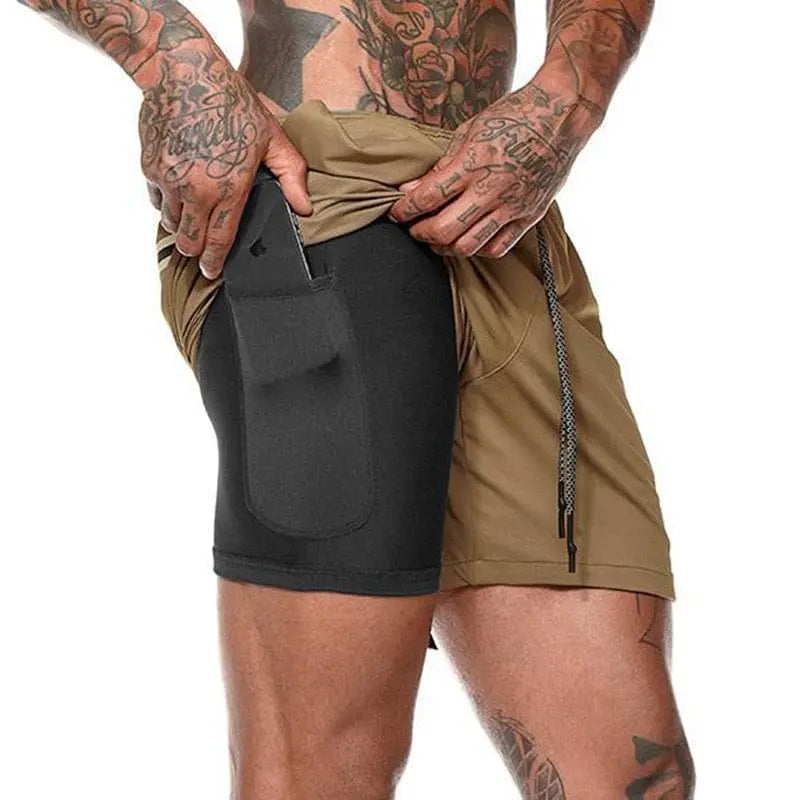 Men's 2-in-1 running shorts by Showlu Fashion with double-layer design, suitable for gym, jogging, and summer fitness activities.