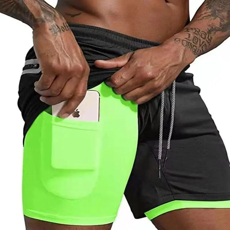 Men's 2-in-1 running shorts by Showlu Fashion Store featuring double-deck design, suitable for gym, training, and beach activities.