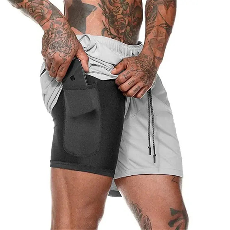 Men's 2-in-1 running shorts by Showlu Fashion with double-deck design, ideal for gym, running, and fitness training.