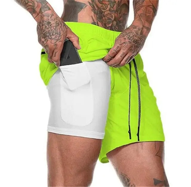 Men's 2-in-1 running shorts by Showlu Fashion Store, double-deck design, lightweight gym and fitness training athletic shorts.